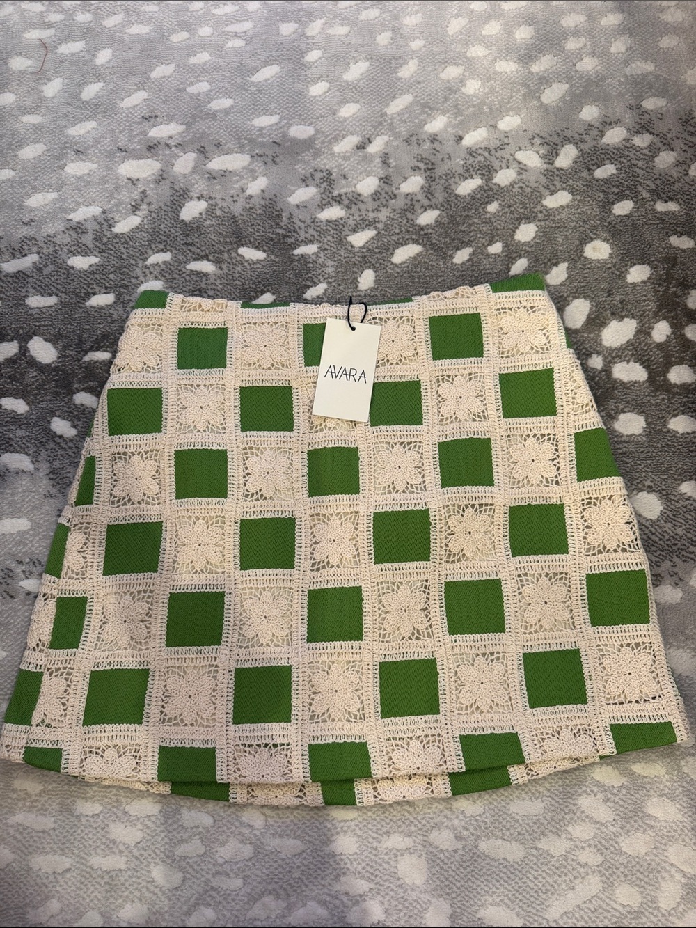 Avara Green and Cream Crochet-Grid Mini Skirt